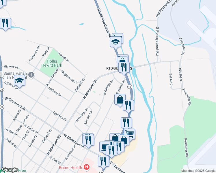 map of restaurants, bars, coffee shops, grocery stores, and more near 19056 North George Street in Rome