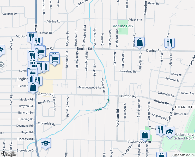 map of restaurants, bars, coffee shops, grocery stores, and more near 120 Hilltop Road in Rochester