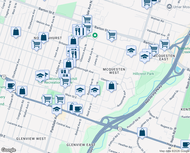 map of restaurants, bars, coffee shops, grocery stores, and more near 106 Beland Avenue North in Hamilton