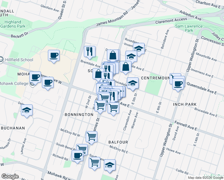 map of restaurants, bars, coffee shops, grocery stores, and more near 633 Upper James Street in Hamilton
