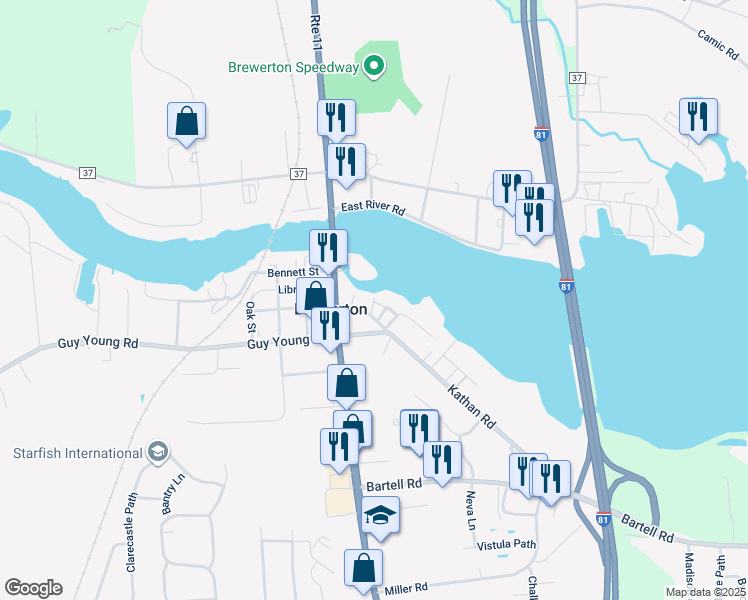 map of restaurants, bars, coffee shops, grocery stores, and more near 9688 Theisen Road in Brewerton