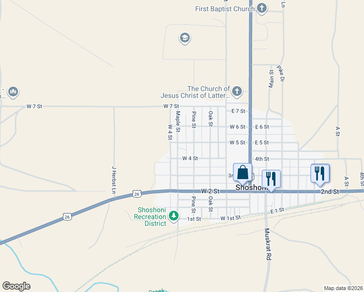 map of restaurants, bars, coffee shops, grocery stores, and more near 505 Maple Street in Shoshoni