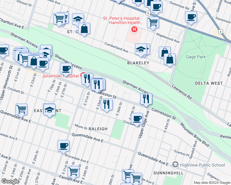 map of restaurants, bars, coffee shops, grocery stores, and more near 20 East 35th Street in Hamilton