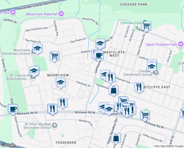 map of restaurants, bars, coffee shops, grocery stores, and more near 555 Sanatorium Road in Hamilton
