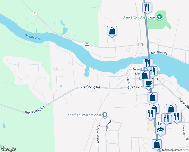 map of restaurants, bars, coffee shops, grocery stores, and more near 5307 Guy Young Road in Brewerton