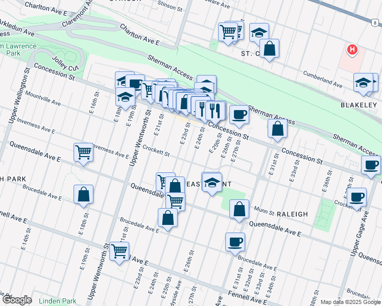map of restaurants, bars, coffee shops, grocery stores, and more near 37 East 23rd Street in Hamilton