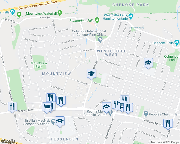map of restaurants, bars, coffee shops, grocery stores, and more near 672 Sanatorium Road in Hamilton