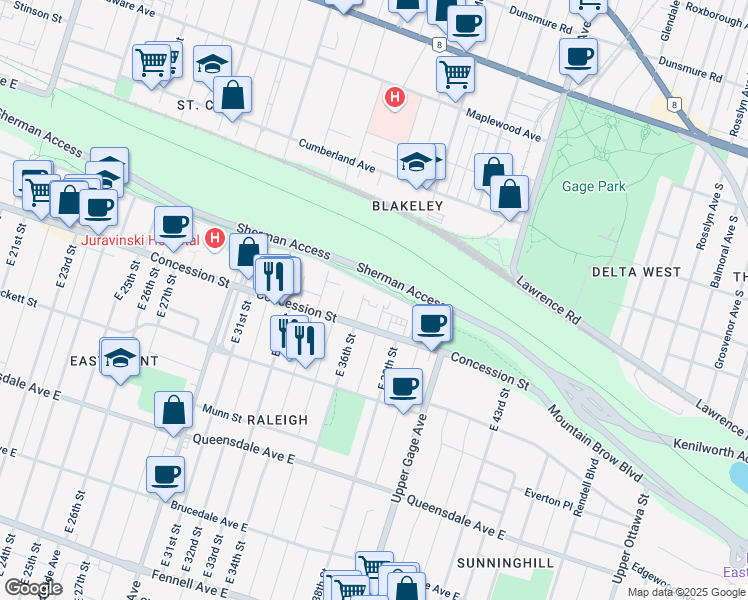 map of restaurants, bars, coffee shops, grocery stores, and more near 5 East 36th Street in Hamilton