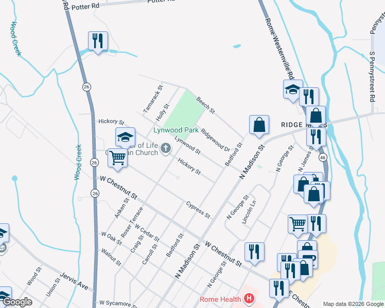 map of restaurants, bars, coffee shops, grocery stores, and more near 604 Lynwood Street in Rome