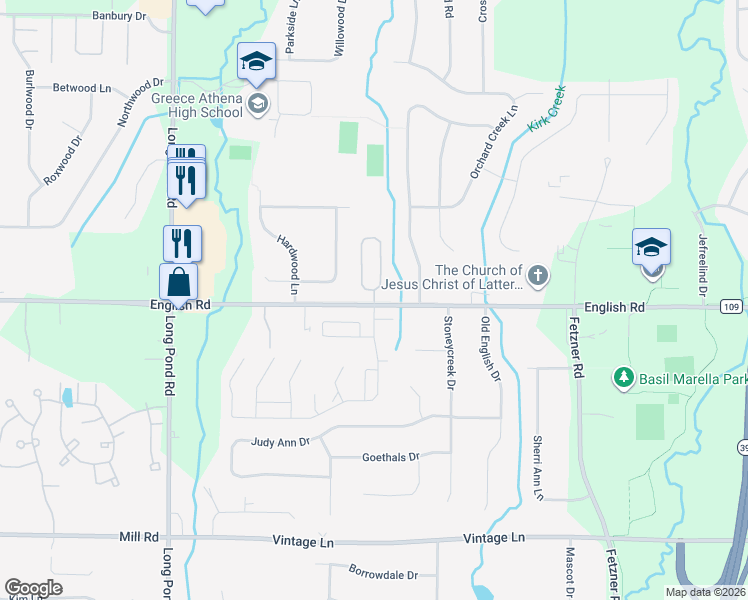 map of restaurants, bars, coffee shops, grocery stores, and more near 179 Parliament Circle in Rochester
