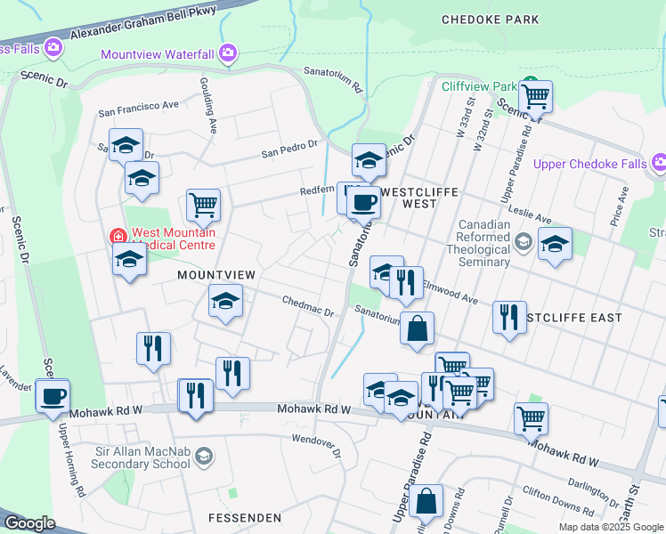 map of restaurants, bars, coffee shops, grocery stores, and more near 555 Sanatorium Road in Hamilton