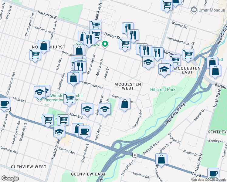 map of restaurants, bars, coffee shops, grocery stores, and more near 44 Martha Street in Hamilton