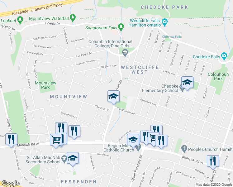 map of restaurants, bars, coffee shops, grocery stores, and more near 672 Sanatorium Road in Hamilton
