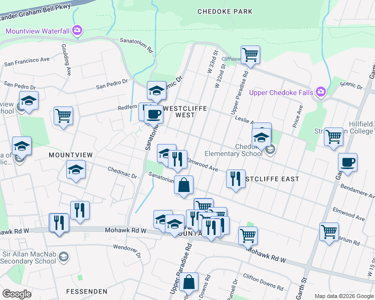 map of restaurants, bars, coffee shops, grocery stores, and more near 203 West 33rd Street in Hamilton