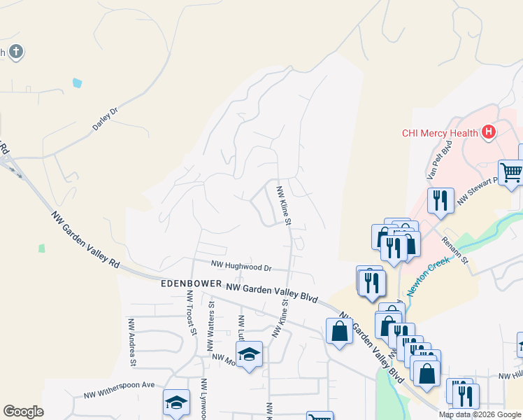 map of restaurants, bars, coffee shops, grocery stores, and more near 701 Woodwillow Drive in Roseburg