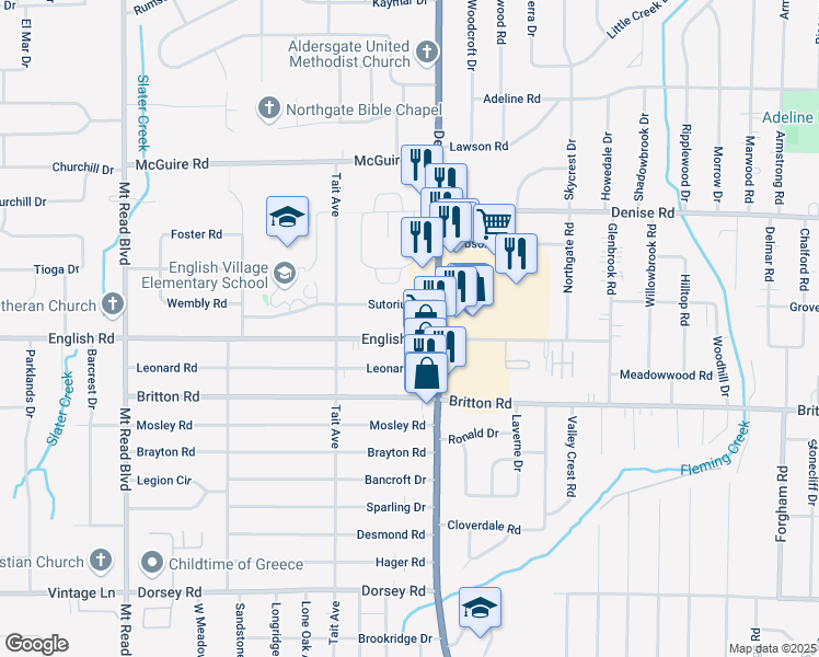 map of restaurants, bars, coffee shops, grocery stores, and more near 36 English Road in Rochester