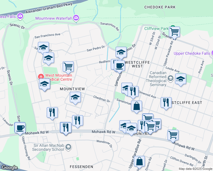 map of restaurants, bars, coffee shops, grocery stores, and more near 472 Sanatorium Road in Hamilton