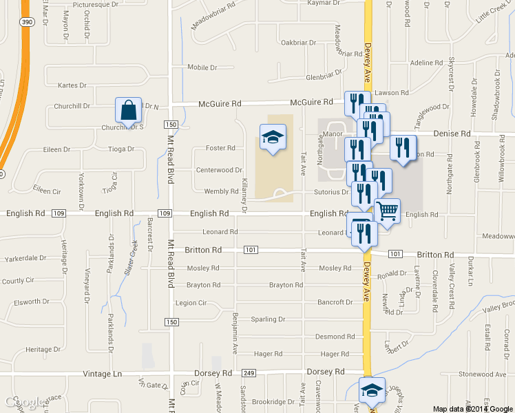 map of restaurants, bars, coffee shops, grocery stores, and more near 238 English Road in Rochester