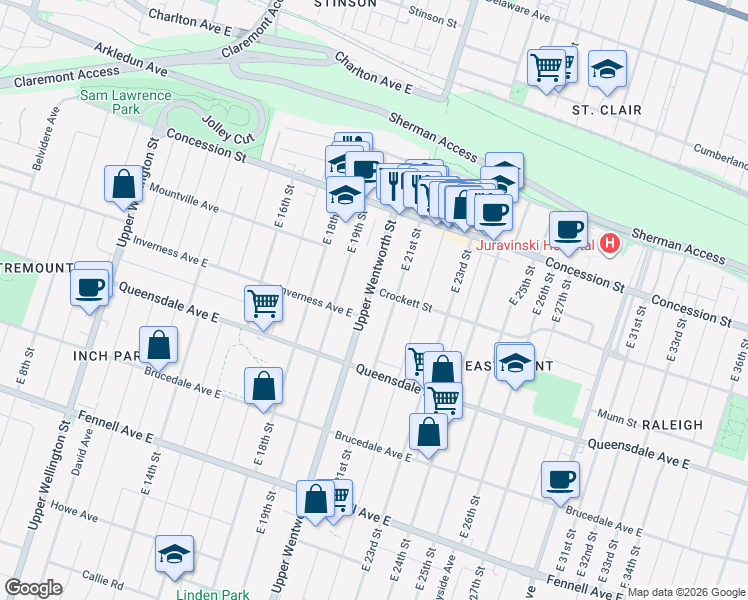 map of restaurants, bars, coffee shops, grocery stores, and more near 433 Upper Wentworth Street in Hamilton