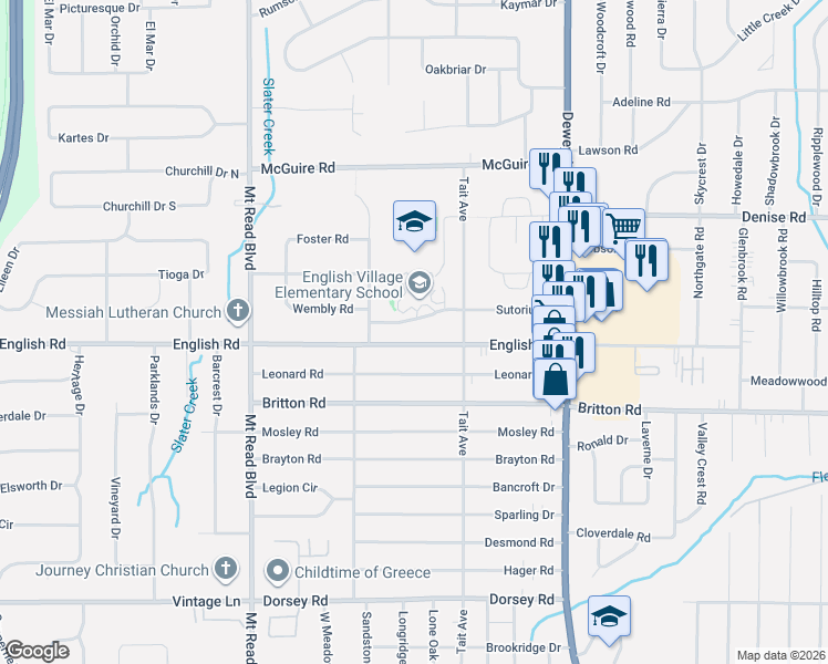 map of restaurants, bars, coffee shops, grocery stores, and more near 238 English Road in Rochester