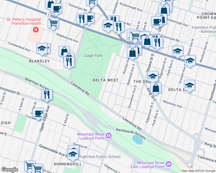 map of restaurants, bars, coffee shops, grocery stores, and more near in Hamilton