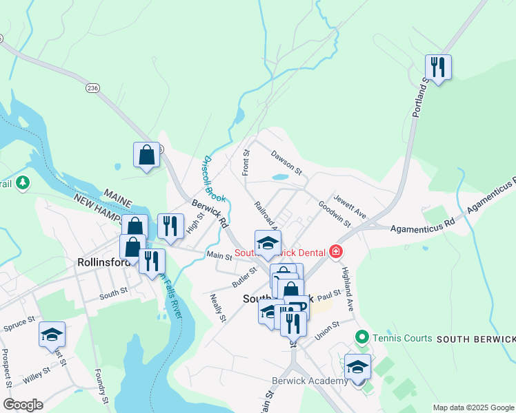 map of restaurants, bars, coffee shops, grocery stores, and more near 98 Railroad Avenue in South Berwick