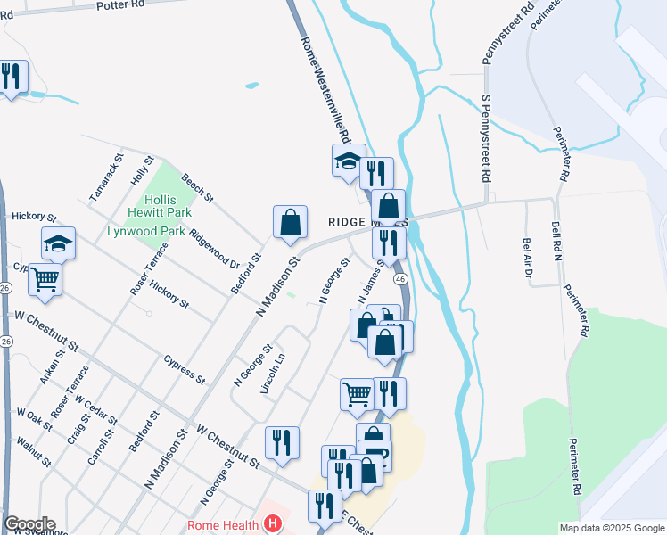 map of restaurants, bars, coffee shops, grocery stores, and more near 19056 North George Street in Rome