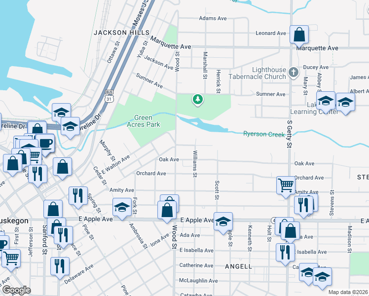map of restaurants, bars, coffee shops, grocery stores, and more near 431 White Avenue in Muskegon