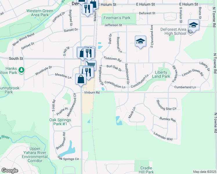 map of restaurants, bars, coffee shops, grocery stores, and more near 805 Tanglewood Drive in DeForest