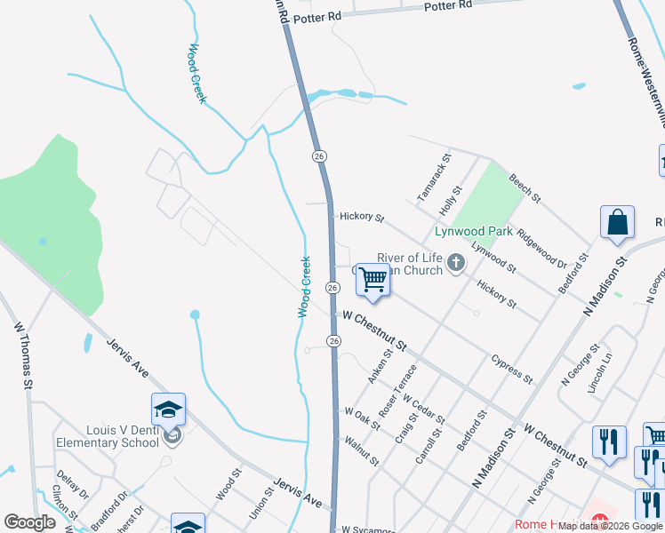 map of restaurants, bars, coffee shops, grocery stores, and more near 999 Cypress Street in Rome