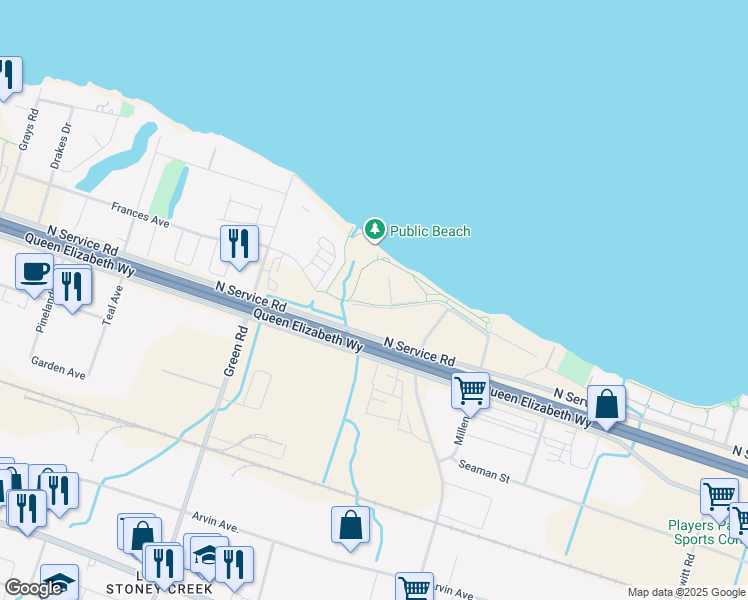 map of restaurants, bars, coffee shops, grocery stores, and more near 115 Shoreview Place in Hamilton