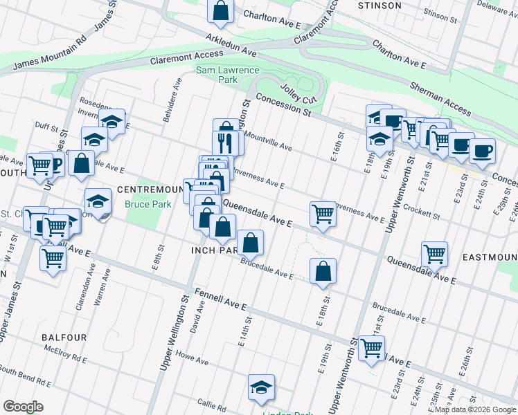 map of restaurants, bars, coffee shops, grocery stores, and more near 281 Queensdale Avenue East in Hamilton