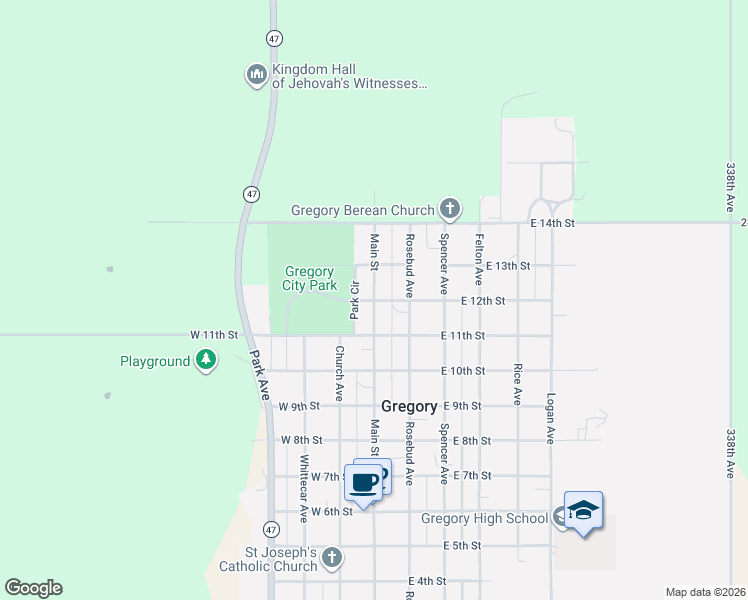 map of restaurants, bars, coffee shops, grocery stores, and more near 100 East 12th Street in Gregory