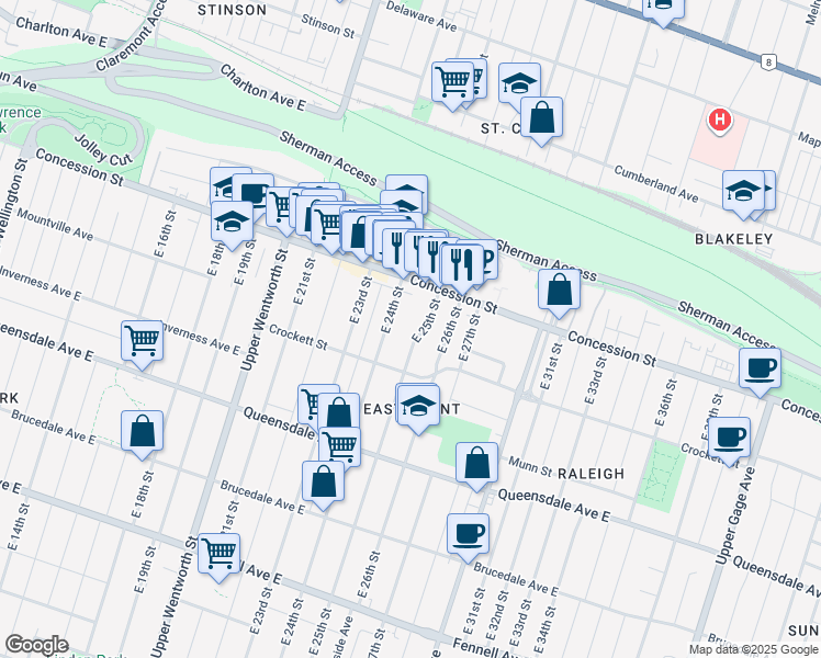 map of restaurants, bars, coffee shops, grocery stores, and more near 22 East 25th Street in Hamilton