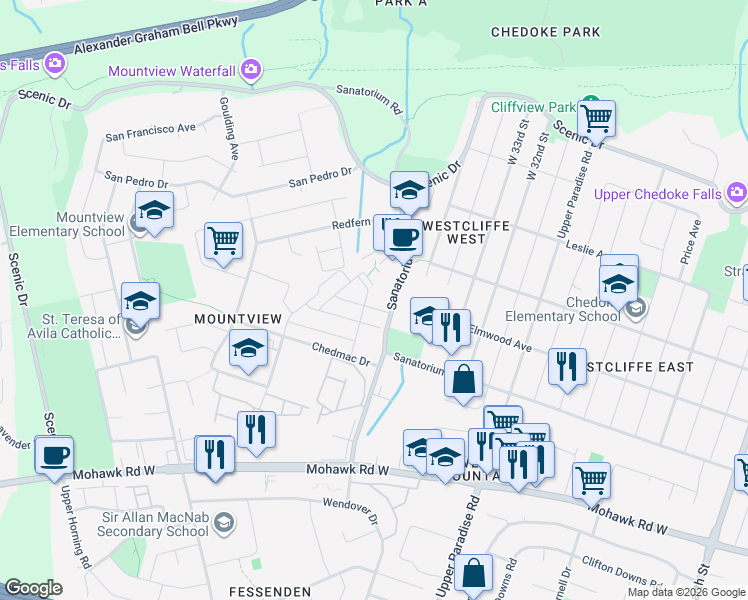 map of restaurants, bars, coffee shops, grocery stores, and more near 555 Sanatorium Road in Hamilton