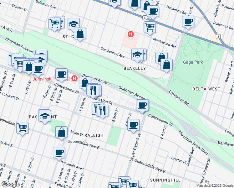 map of restaurants, bars, coffee shops, grocery stores, and more near 8 East 36th Street in Hamilton