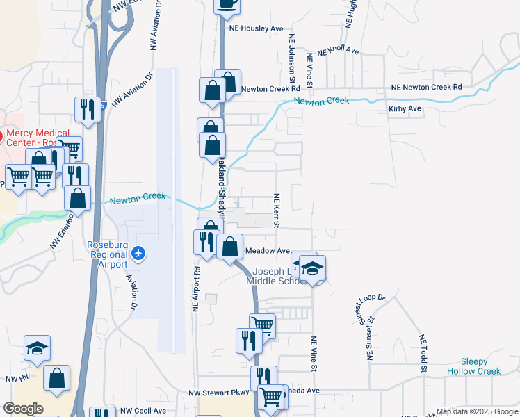 map of restaurants, bars, coffee shops, grocery stores, and more near 2396 Northeast Carolyn Court in Roseburg