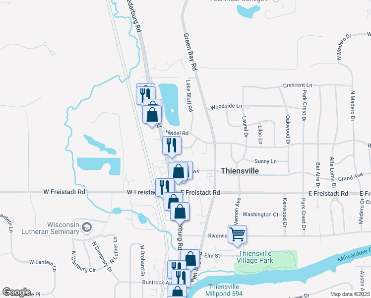 map of restaurants, bars, coffee shops, grocery stores, and more near 125-133 Linden Lane in Thiensville