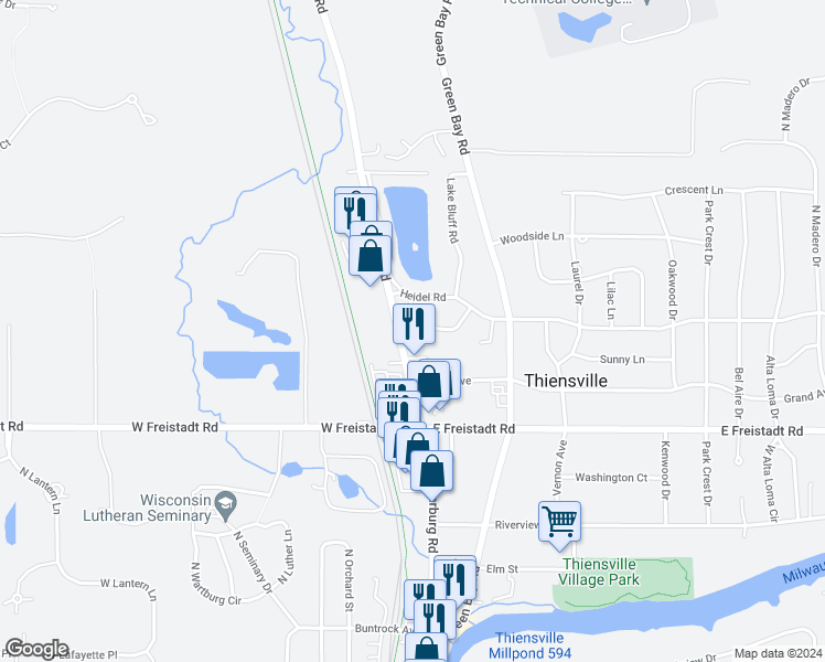 map of restaurants, bars, coffee shops, grocery stores, and more near 117 Linden Lane in Thiensville