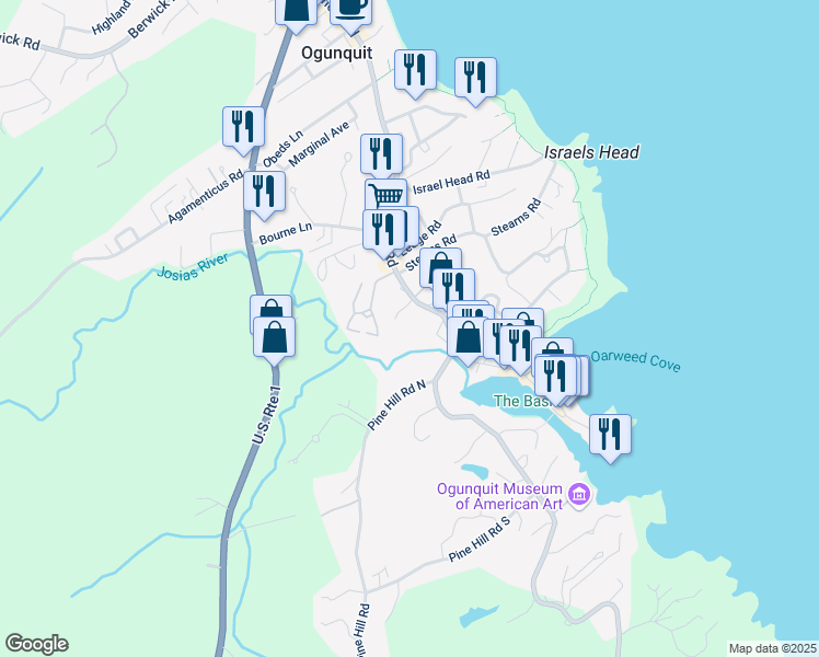 map of restaurants, bars, coffee shops, grocery stores, and more near 27 Sea Oaks Ln in Ogunquit
