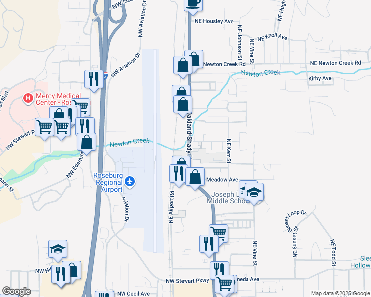 map of restaurants, bars, coffee shops, grocery stores, and more near 2394 Northeast Stephens Street in Roseburg