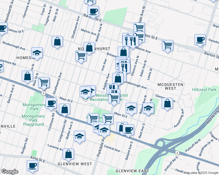 map of restaurants, bars, coffee shops, grocery stores, and more near 87 Glennie Avenue in Hamilton