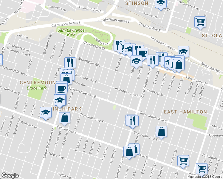 map of restaurants, bars, coffee shops, grocery stores, and more near 125 East 16th Street in Hamilton