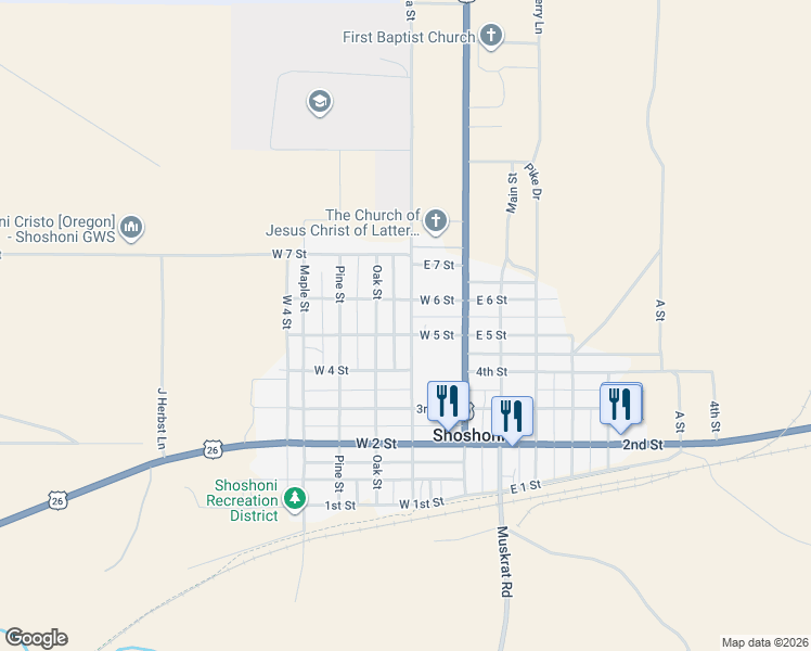map of restaurants, bars, coffee shops, grocery stores, and more near 118 West 5 Street in Shoshoni