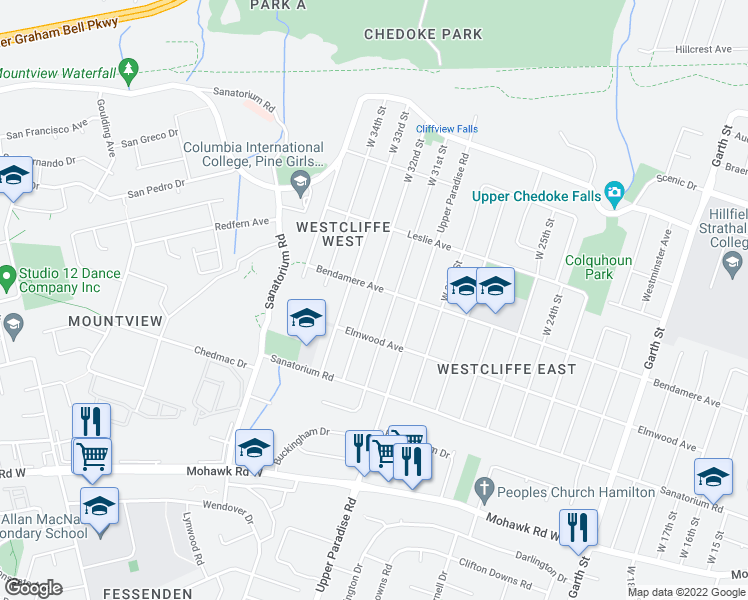 map of restaurants, bars, coffee shops, grocery stores, and more near 189 West 32nd Street in Hamilton