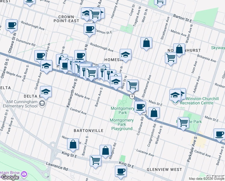map of restaurants, bars, coffee shops, grocery stores, and more near 1516 Main Street East in Hamilton
