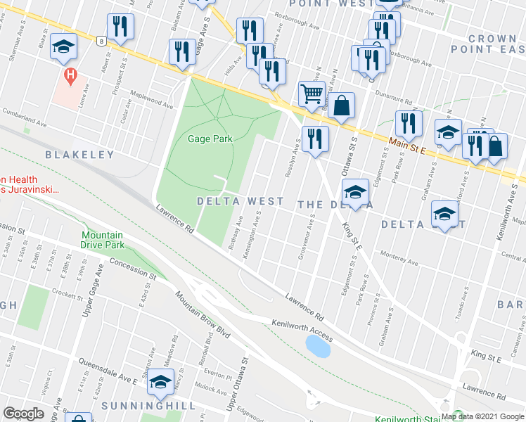 map of restaurants, bars, coffee shops, grocery stores, and more near 129 Kensington Avenue South in Hamilton