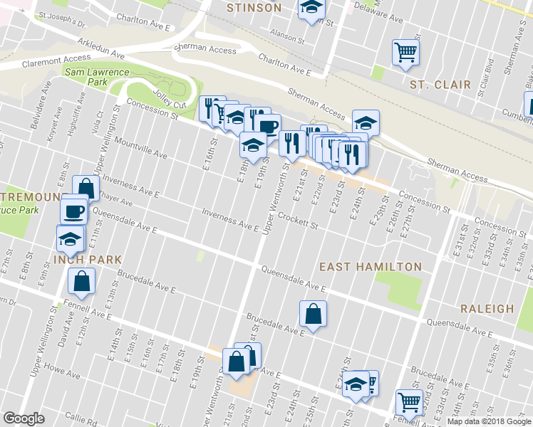 map of restaurants, bars, coffee shops, grocery stores, and more near 408 Upper Wentworth Street in Hamilton