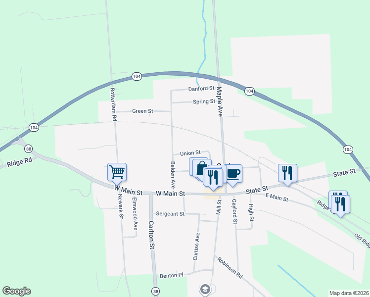 map of restaurants, bars, coffee shops, grocery stores, and more near 32 Union Street in Sodus