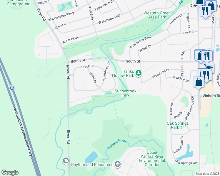 map of restaurants, bars, coffee shops, grocery stores, and more near 512 Riverside Drive in DeForest